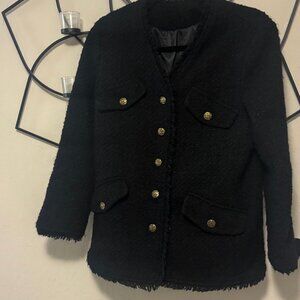 Black Thick Tweed Long Sleeve Buttoned Lined Jacket S